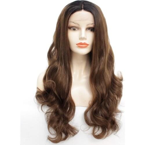 Ombre Brown Lace Front Wigs Dark Roots Black to Brown Ombre Synthetic Wigs For Women Natural Long Body Wavy Wig Heat Resistant