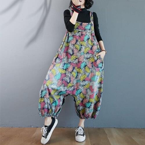 Casual Loose Plus Size Jeans Jumpsuits Women Spring Autumn Print Floral Denim Overalls Wide Leg Dungarees Straps Baggy Pants