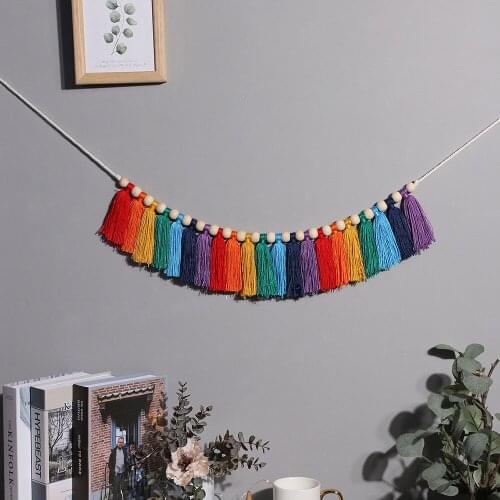 Simple Rainbow Cotton Rope Wall Hanging Decoration with Tassels Home Bedroom Decor for Girls