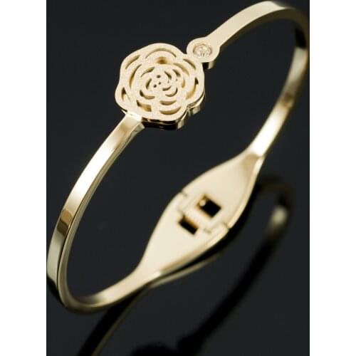 Luxury Rose Flower Stainless Steel Gold Color Bangles For Women Ladies Girls Fashion CZ Crystal Women Bracelet Jewelry Gifts