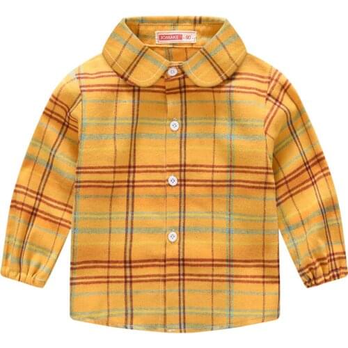 Soft Cotton Fabric Plaid Boys Shirts Spring Fall Girls Tops Outwear Long Sleeve Yellow Childrens Blouse Clothing