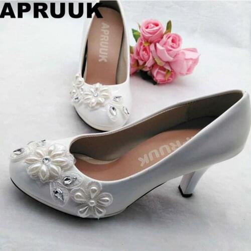 Spike heel round toe platforms white wedding shoes women handmade lace pearls brides bridesmaid shoes lady ceremoney pumps shoe