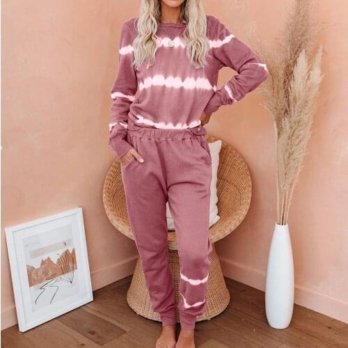 Ladies home pajamas casual long-sleeved trousers two-piece stripe tie-dye gradient color thin pajamas ladies sexy home wear
