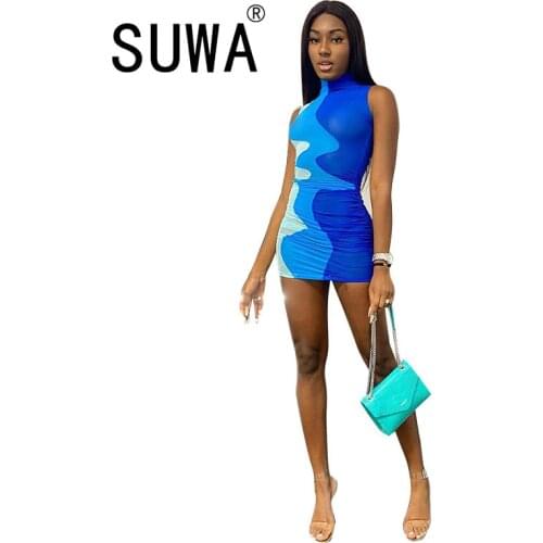 Women Summer Turtleneck Bodycon Mesh See Through Package Hip Mini Short Dress Sundress 2021 Female Clothing Streetwear