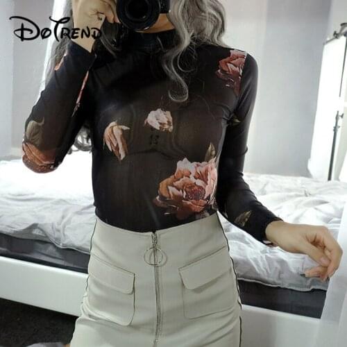 2019 Hot Women See Through Long Sleeve Sexy Transparent T-shirt Floral Skinny Mesh Sheer Tops Summer Wear