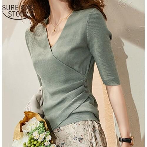 Chic Half Sleeve Knitted Blouse Women Summer 2021 Plus Size Ladies V-neck Blouses Blouse Knitted Womens Tops and Blouses 13826