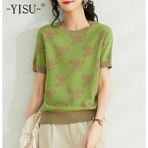 YISU Summer New printing Women Short sleeve T-shirt O-Neck Knitted pullove Women tops Casual Loose Jumper Thin section 2021