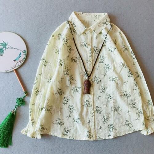 National 2021 Spring Autumn Women T-Shirt Cotton Linen Loose Long sleeve Printed Floral Vintage Casual Blouse YoYiKamomo