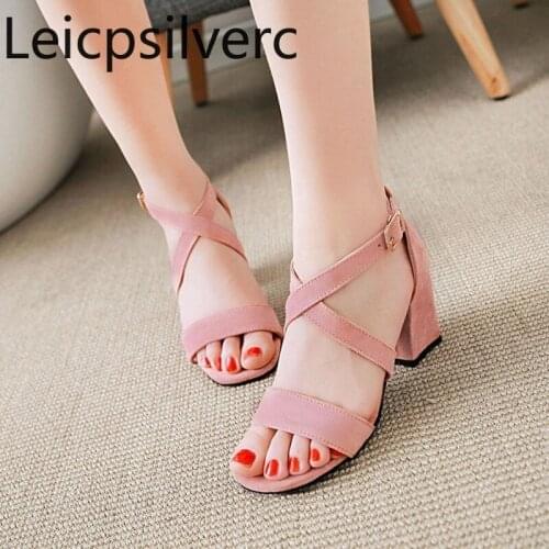 Womens Sandals summer new style fashion Flock Cross-tied Open toe Buckle Thick heel mid heel Womens shoes plus size 32-43