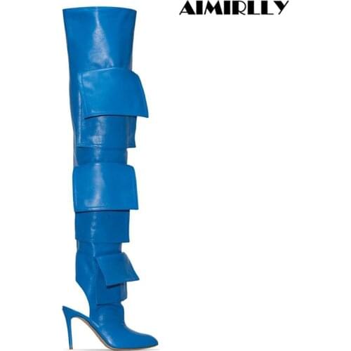 Womens Shoes Pointed Toe High Heels Over Knee Boots Pockets Shaft Thigh High Slingback Footwear For Autumn Winter Blue