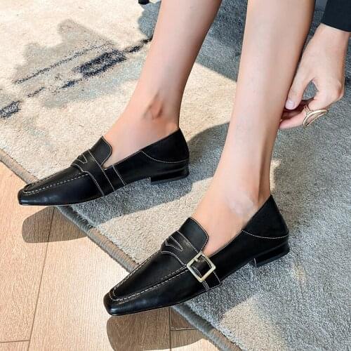 Womens Genuine Leather Metal Buckle Slip-on Loafers Leisure Soft Comfortable Retro Casual Female Footwear Sqaure Toe Shoe