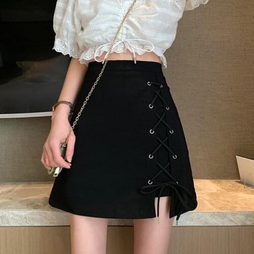 Women High Waist Mini Skirts New Arrival 2021 Summer Korean Style All-match Lace-up Ladies Elegant A-line Black Skirt W412