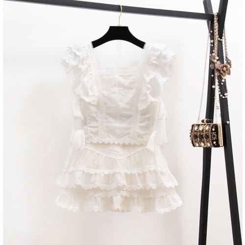 2020 Summer Sexy Hollow Out Embroidery Lace Set Womens Suits Ruffles Short Sleeve Tops + White Mini Short Skirts 2 Piece Sets