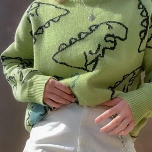 Cute Dinosaur Crochet Floral Sweaters Women 2021 Autumn Winter Clothes Knitted Pullovers O-neck Long Sleeve Jumper Coat