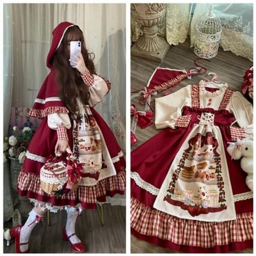 Girls Japanese Style Lolita Princess Red Dress Women Lace Retro Sweet Tea Party Dresses Cloak Anime Cosplay Costume Set Vestidos