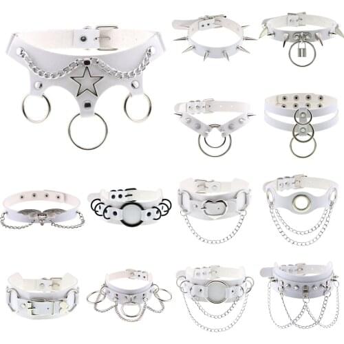 2021 New Style Goth Punk White PU Leather Necklaces For Women Rock Round Star Spike Rivet Studded Choker Necklace Party Jewelry