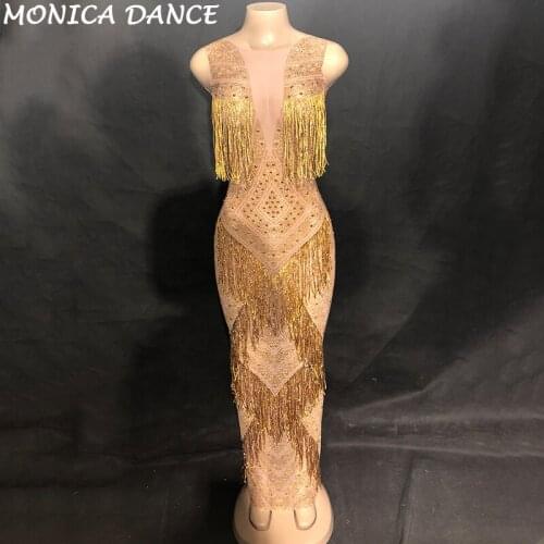 Women Sexy Stage Net Yarn Bling Long Dress Gold Tassel Sparkling Crystals Costumes Nightclub Wedding Party Stage Dance Costumes