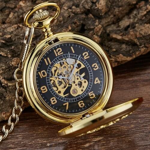Golden Pendants Pocket Watch Exquisite Hollow Mechanical Hand-winding Watch Fob Chain Necklace Clock Men Women Gift