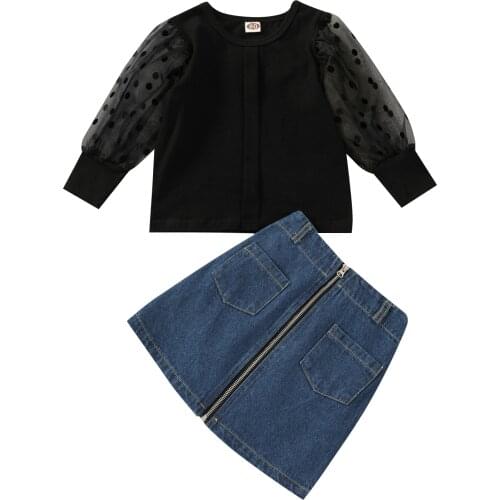 2021 0-6Y Fashion Kids Baby Girl Clothes Set Dot Mesh Puff Long Sleeve Blouse+Pockets Zipper Denim Skirt Spring Summer Fall 2pcs