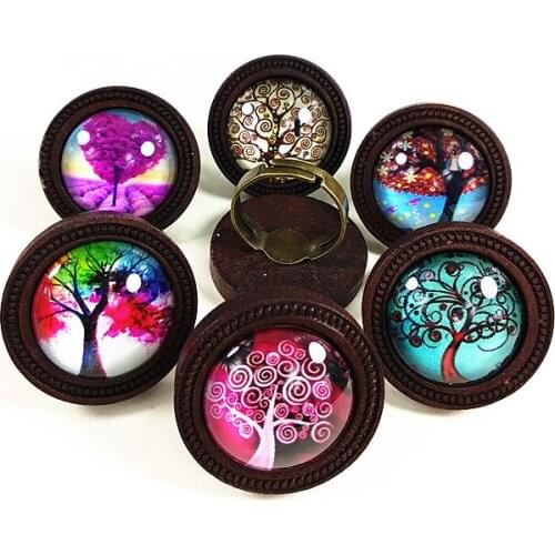 24pcs/lot Log, dark brown Adjustable Wood Cabochon Ring Base with Tree of life Photo Glass Cabochon finger ring wholesale