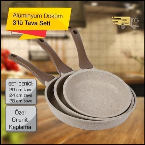 3'lü Granite Cast Pan Set 20 Cm 24 Cm 28 Cm Mink