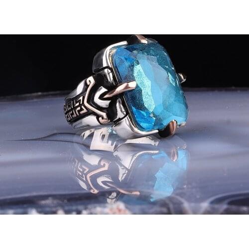 Aqua Marine Stone Ring with 3 Color 925 Sterling Silver Men handmade Vintage Style Ring Gift for him Flamboyant Jewellry