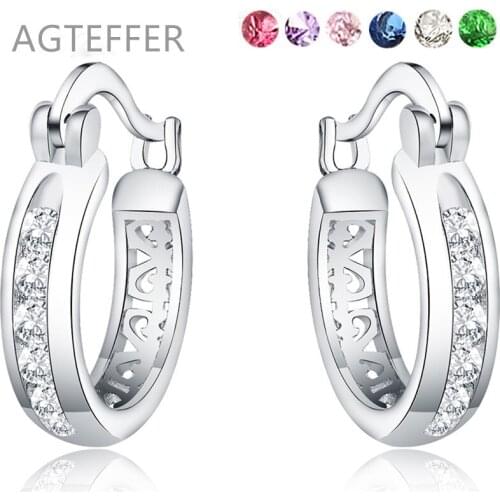 AGTEFFER 925 Sterling Silver White/Green/Red/Pink/Purple/Blue Round Zircon Hoop Earrings For Woman Wedding Engagement Jewelry