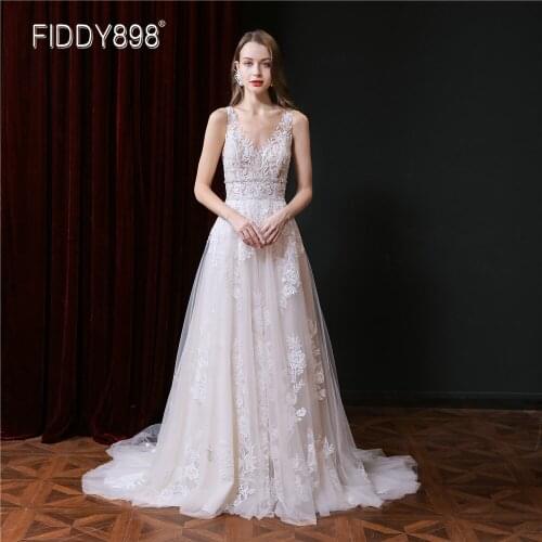 Bohemian Wedding Dress 2020 Boho V-Neck Backless Lace Beaded Sweep Train Bride Gown for Women FIDDY898 Bridal Dresses