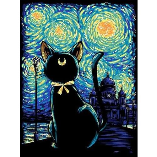Black Kitten Under the Stars Cartoon Diamond Painting Animal Round Full Drill Nouveaute DIY Mosaic Embroidery 5D Cross Stitch