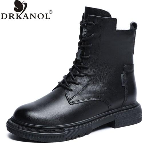 DRKANOL High Quality Genuine Leather Boots Women Fashion Trend Lace Up Side Zipper Waterproof Warm Flat Heel Short Ankle Boots