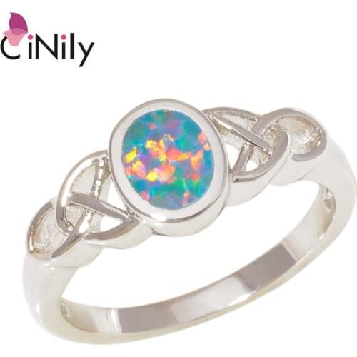 CiNily Created Rainbow Blue Fire Opal Silver Plated Wholesale Hot Sell Fashion Jewelry for Women Gift Ring Size 6-9 OJ9483-84