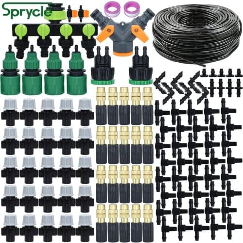 SPRYCLE 5-50m Greenhouse Garden 1/4" Hose Automatic Micro Watering Kit Drip Irrigation System Adjustable Brass Atomizing Nozzle