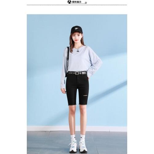 Korean black denim shorts womens 2021 summer high-waisted tight-fitting trousers were thin stretch straight-leg ripped five-poi