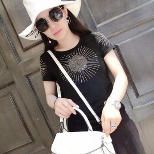 Fashion Diamonds Short Sleeve T-Shirts Women 2020 Summer New Solid Color Slim Fit Korean Tees Ladies High Quality Female Clothes