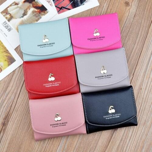 Fashion Women Small Wallets Cherry Metal Decoration Money Bag Pu Leather Fold Clutch Hasp Card Holder Cute Ladies Coin Purse