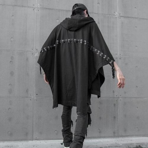 Men Ribbon Splice Hooded Shawl Jacket Cardigan Male Women Hip Hop Streetwear Punk Gothic Outerwear Coat Cloak Stage Clothing