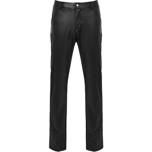 Men Fashion Faux Leather Patchwork Long Pants Mid Waist Trousers with Pockets Sport Casual Leggings Stage Performance Costume