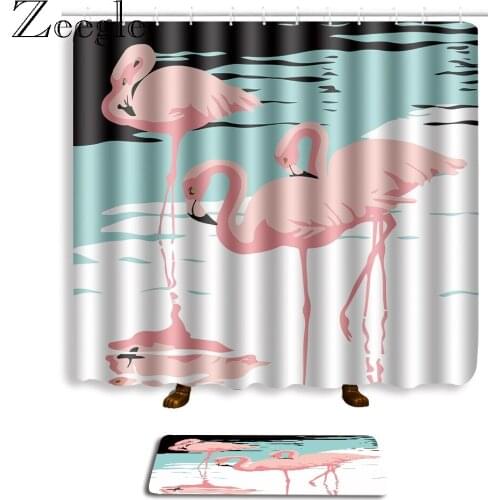 Zeegle Printed Flamingo 2pcs Bath Mat Set Waterproof Shower Curtain with Hooks Anti-slip Toilet Foot Mat Floor Rug Bath Doormat