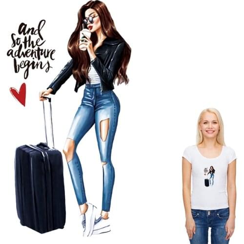 New Travel Girl Iron On Patches Fashion Heat Print Clothes Stickers Washable Diy Patch Appliques New Stripes For Clothes