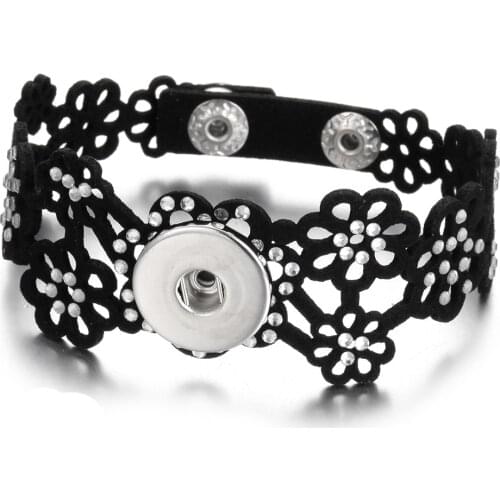 New Flower Leather Snap Button Bracelet Fit 18MM Metal Snaps Button Jewelry Bohemian Crystal Leather Snap Bracelet for Women