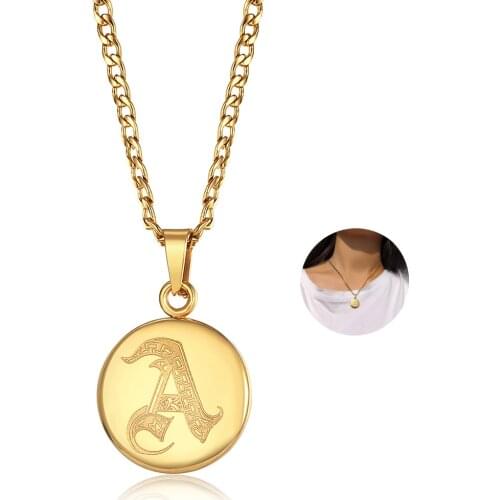 Letter Pendant Necklace For Women Men Tiny Dainty Gold Color Disc Coin Charm Stainless Steel Curb Cuban Link Chain LKP663