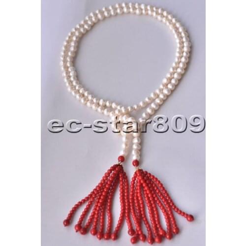 P6647 48" 8mm Red Coral White Round Freshwater PEARL Tassels Necklace Women Fasion Jewellery