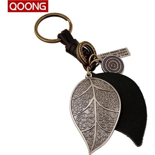 QOONG 2021 Pure Manual Weaving Retro Punk Big Leaves Key Chain Ring Holder 100% Genuine Leather Metal Keychain Chaveiro QZ53-009