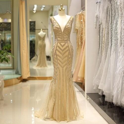 Luxury Deep V-Neck Sleeveless Beading Mermaid Diamond Backless Floor Length Evening Dress Vestido de noche Robe de soiree