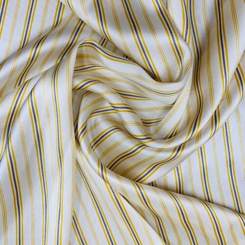 114CM Wide 19MM Blue White Stripe Print Silk Fabric for Summer Dress Shirt Cheongsam Suit Pants G055