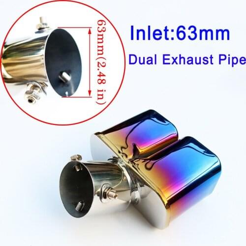 Blue 2.5" 63mm Caliber Dual Outlet Exhaust Pipe Rear Muffler Tailpipe Tip Cover Trim Car Exterior Accessories Stainless Steel