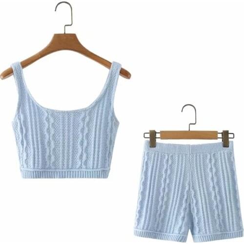 Cable Knit Sleeveless Short Sweater Vest & Shorts Fashion Mini Set Women Casual Tracksuit