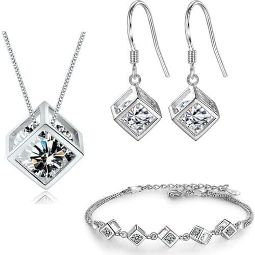 XIYANIKE 925 Sterling Silver 2019 Simple Geometric Square Love Wedding Jewelry Sets High Quality For Women Bride Gift NE+EA+BR