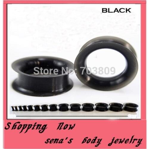 Body jewelry Free Shipping Wholesales 192pcs/lot Mix 4-25mm black double flare Ear Piercing Plug Silicone Flesh Tunnel