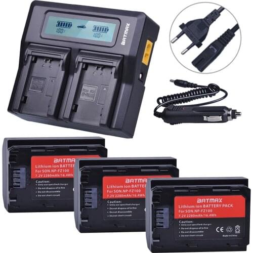 3pcs 2280mAh NP-FZ100 NP FZ100 NPFZ100 Battery+Rapid Dual LCD Charger for Sony Alpha9,Sony A9,Sony Alpha9R,Sony A9R Camera